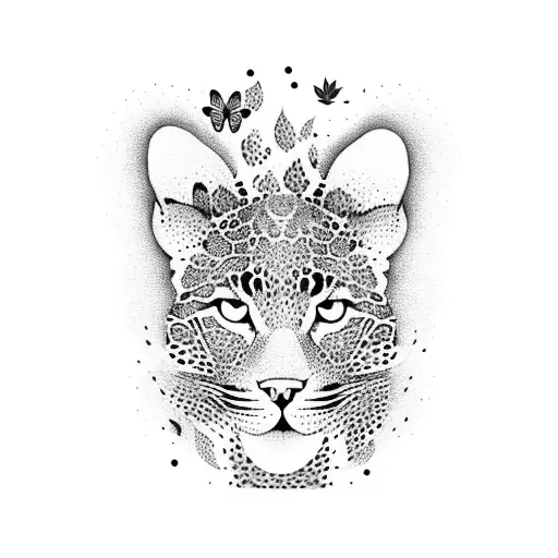 A dotwork design of a leopard surrounded by butterflies and smoke, with a marijuana leaf incorporated into the pattern tattoo design idea