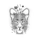 A dotwork design of a leopard surrounded by butterflies and smoke, with a marijuana leaf incorporated into the pattern tattoo design idea