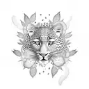 A dotwork design of a leopard surrounded by butterflies and smoke, with a marijuana leaf incorporated into the pattern tattoo design idea