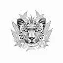 A dotwork design of a leopard surrounded by butterflies and smoke, with a marijuana leaf incorporated into the pattern tattoo design idea