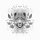 A dotwork design of a leopard surrounded by butterflies and smoke, with a marijuana leaf incorporated into the pattern tattoo design idea