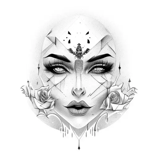 witch, beauty woman's face, scary, low key tattoo design idea