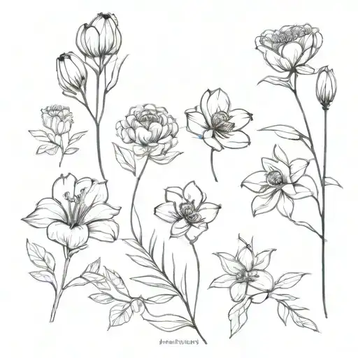 January, July, August, November birth flower bouquet tattoo design idea