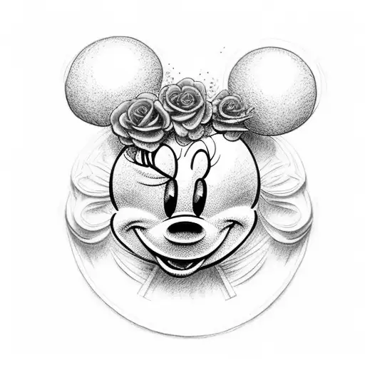 minnie mouse's head filled with pink and purple roses tattoo design idea