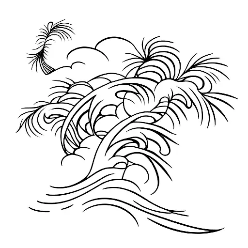 A minimalist tattoo of a wave crashing against a palm tree on a beach tattoo design idea