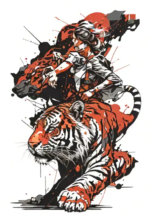 tiger and woman walking simultaneously tattoo design idea