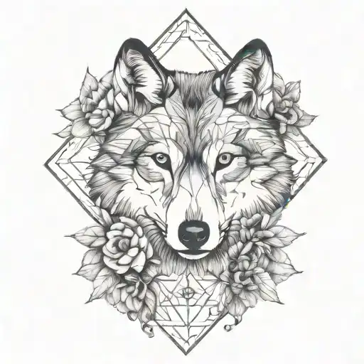 1/2 wolf 1/2 geometric floral with the January birth flower tattoo design idea