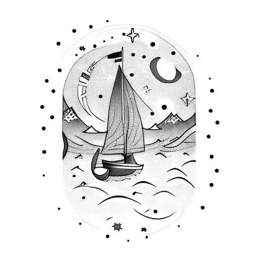 dinghy sailing under a starry night sky tattoo design idea
