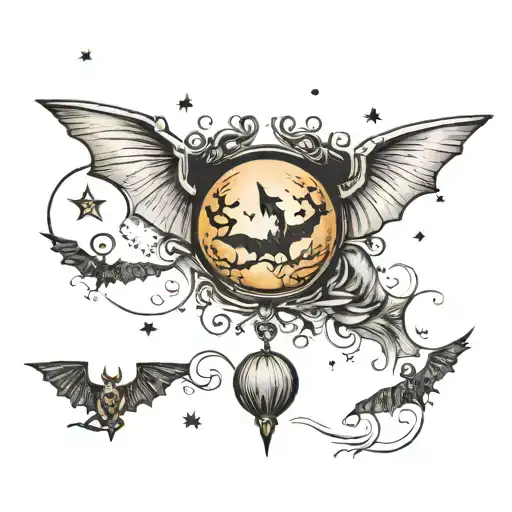 tattoo on the collarbones, flying bats, a moon with a gothic symbol tattoo design idea