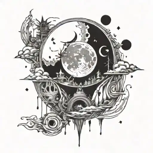 moon upside down with things that represent the fact that we live in a manipulated society tattoo design idea