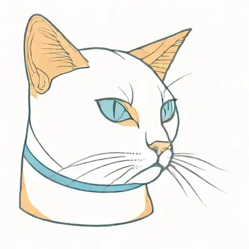 matte orange cat with a white chest and belly, marked jaw, yellow eyes and a dark blue and light blue collar, tattoo design idea