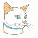 matte orange cat with a white chest and belly, marked jaw, yellow eyes and a dark blue and light blue collar, tattoo design idea