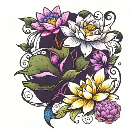 water lily, violets, Pisces symbol, zen tattoo design idea