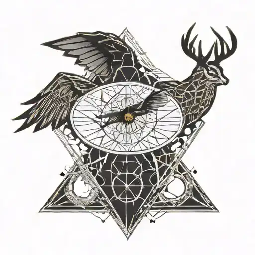 A geometric representation of the golden snitch merging with the deathly hallows symbol, with a deer silhouette in the background and an owl flying above tattoo design idea