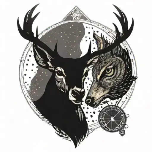 A minimalist tattoo of a deer front and an owl facing each other, with the golden snitch and deathly hallows symbol subtly incorporated into the background tattoo design idea