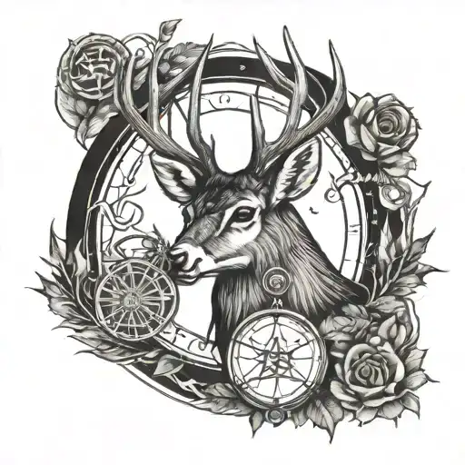 A majestic deer with the golden snitch in its antlers, surrounded by the deathly hallows symbol, with an owl perched on top tattoo design idea