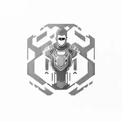 Cyberpunk armor sleve Using Hexagonal Patterns With Black, Bright Aqua-Blue, And Bright Salmon-Pink Ink tattoo design idea