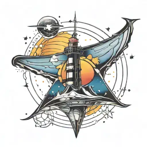 Gemini lighthouse manta ray with triangle shape top and bottom and sunset and southern cross stars tattoo design idea