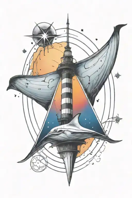 Gemini lighthouse manta ray with triangle shape top and bottom and sunset and southern cross stars tattoo design idea