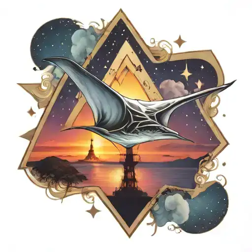 Gemini lighthouse manta ray with triangle shape and sunset and southern cross stars tattoo design idea