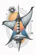 Gemini lighthouse manta ray with triangle shape top and bottom and sunset and southern cross stars tattoo design idea
