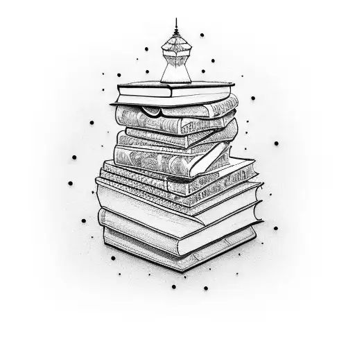 A dotwork tattoo of a stack of books with intricate designs on their spines tattoo design idea