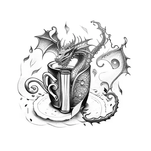 A dotwork tattoo of a dragon curled around a coffee mug, with books and musical instruments scattered around tattoo design idea