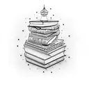 A dotwork tattoo of a stack of books with intricate designs on their spines tattoo design idea