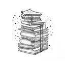 A dotwork tattoo of a stack of books with intricate designs on their spines tattoo design idea