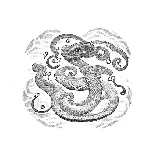 A dotwork tattoo of a tarot card featuring a snake as a key figure, surrounded by swirling sea waves, representing the client's love for tarot, snakes, and the sea. tattoo design idea