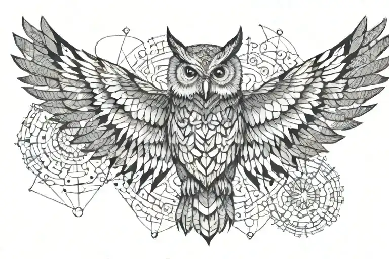 owl with open wings and background with geometric mandalas tattoo design idea