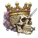 enchanted vibe, scary skull king crown, holding sword tattoo design idea