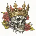 enchanted vibe, scary skull king crown, holding sword tattoo design idea