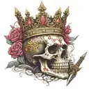 enchanted vibe, scary skull king crown, holding sword tattoo design idea