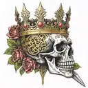 enchanted vibe, scary skull king crown, holding sword tattoo design idea
