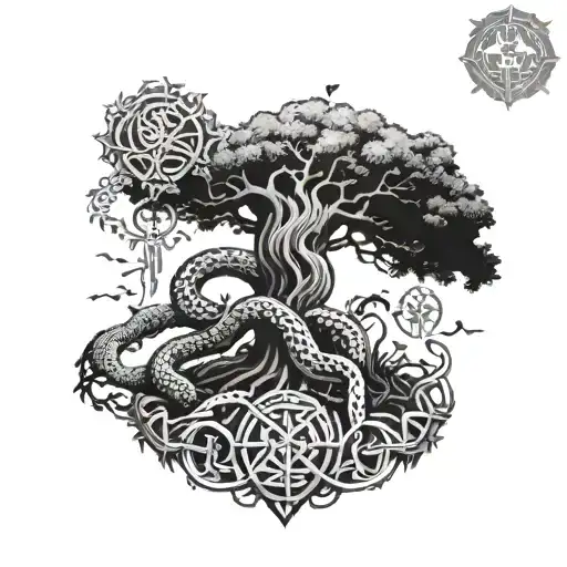 yggdrasil, serpent world, viking rune, thor hammer tattoo design idea