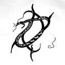 trident with two skeletal snakes twirling around it. one snake is re and the other black. tattoo design idea
