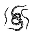 trident with two skeletal snakes twirling around it. one snake is re and the other black. tattoo design idea