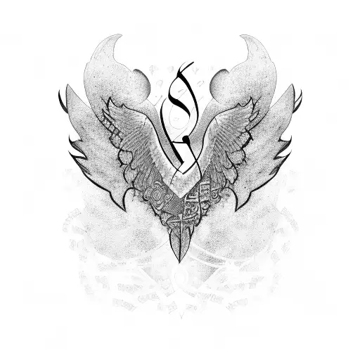 A modern calligraphy design of the client's name in Arabic, intertwined with angel wings tattoo design idea