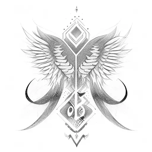 A modern calligraphy design of the client's name in Arabic, intertwined with angel wings tattoo design idea