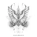 A modern calligraphy design of the client's name in Arabic, intertwined with angel wings tattoo design idea