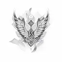 A modern calligraphy design of the client's name in Arabic, intertwined with angel wings tattoo design idea