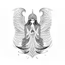 A modern calligraphy design of the client's name in Arabic, intertwined with angel wings tattoo design idea