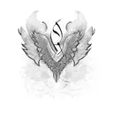 A modern calligraphy design of the client's name in Arabic, intertwined with angel wings tattoo design idea