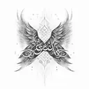 A modern calligraphy design of the client's name in Arabic, intertwined with angel wings tattoo design idea