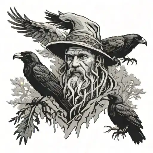 odins face with wizard hat, 2 ravens in cypress trees with a wolf and a stream running over rocks  tattoo design idea