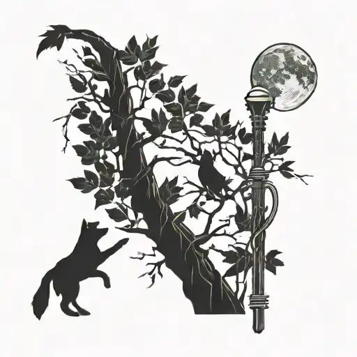 A surreal scene of a welding torch morphing into a tree branch, with leaves shaped like guitars and wolves howling at the moon in the background tattoo design idea