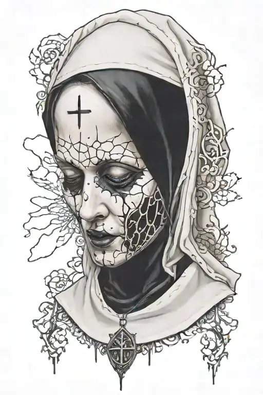 nun taking off cracking porcelain mask crying black tears tattoo design idea