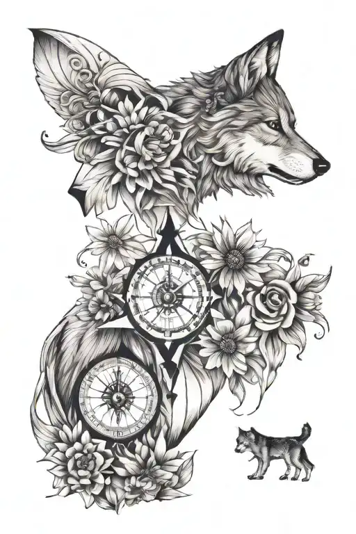 wolf, daisy, compass, rainbow, wine, cross tattoo design idea