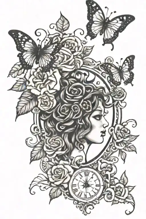 Medusa and rose branches and clocks and butterfly's  tattoo design idea